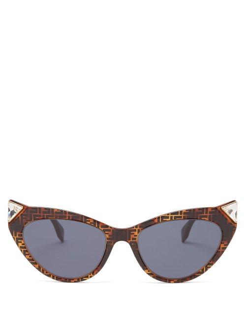 Matchesfashion.com Fendi - Ff Logo Crystal Embellished Cat Eye Sunglasses - Womens - Brown