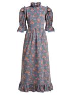Matchesfashion.com Batsheva - Floral Print Ruffle Trimmed Cotton Dress - Womens - Blue Multi