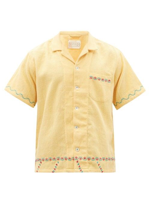 Mens Rtw Harago - Cross-stitched Cotton Short-sleeved Shirt - Mens - Yellow