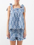 Juliet Dunn - Flower Block-print Cotton-blend Top - Womens - Navy Silver