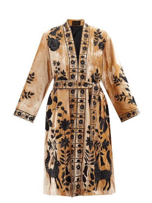 Biyan - Henrietta Floral-embroidered Velvet Coat - Womens - Yellow Multi