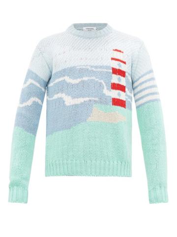 Matchesfashion.com Thom Browne - Lighthouse-jacquard Cotton Sweater - Mens - Blue
