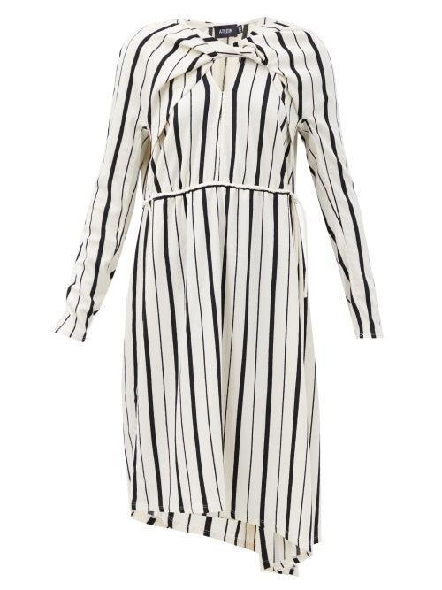 Matchesfashion.com Atlein - Asymmetric Striped Pliss-crepe Dress - Womens - Black Stripe