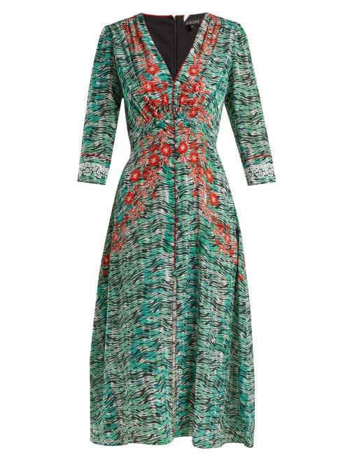 Matchesfashion.com Saloni - Eve Seaweed Printed Silk Crepe De Chine Dress - Womens - Green Print