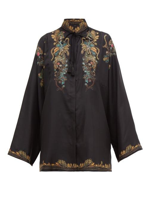 Matchesfashion.com Etro - Feather Print Silk Faille Blouse - Womens - Black Multi