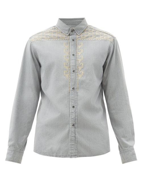 Matchesfashion.com Isabel Marant - Ruiz Embroidered Cotton-chambray Shirt - Mens - Grey