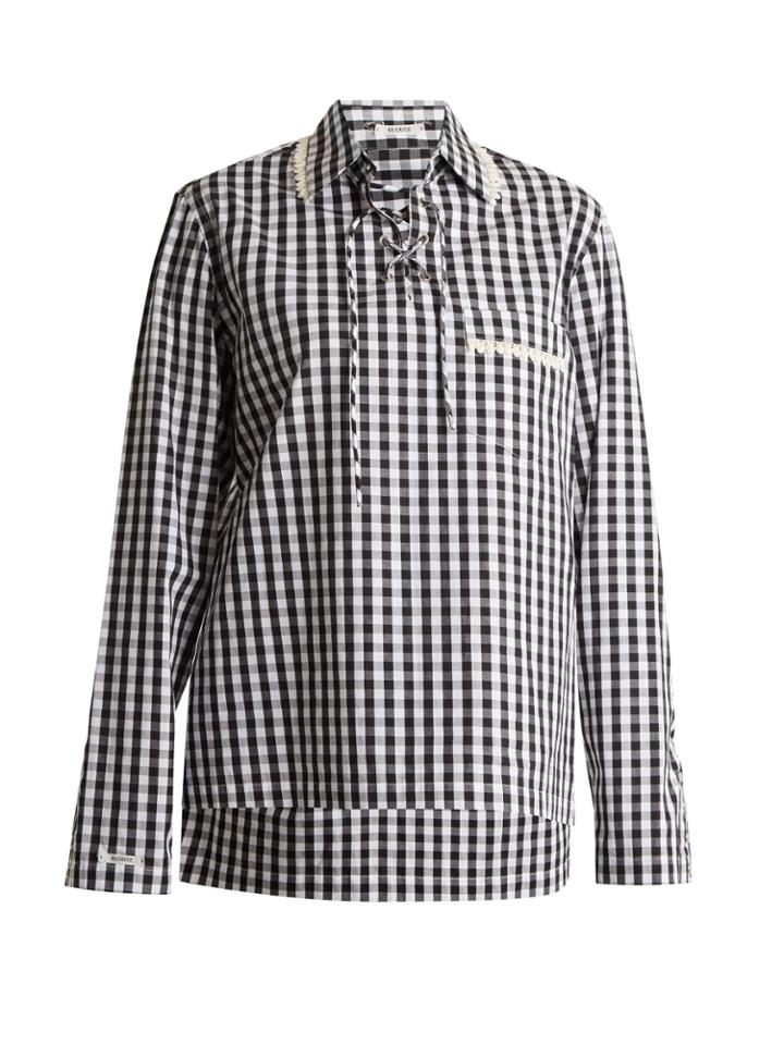 Blouse Piggy Lace-up Neck Gingham Shirt