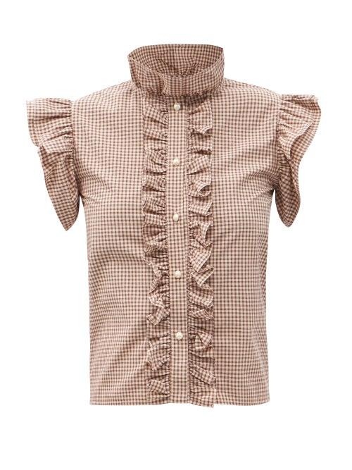 Matchesfashion.com Batsheva - Carol Ruffle-trim Checked Cotton Blouse - Womens - Brown