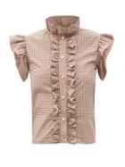 Matchesfashion.com Batsheva - Carol Ruffle-trim Checked Cotton Blouse - Womens - Brown