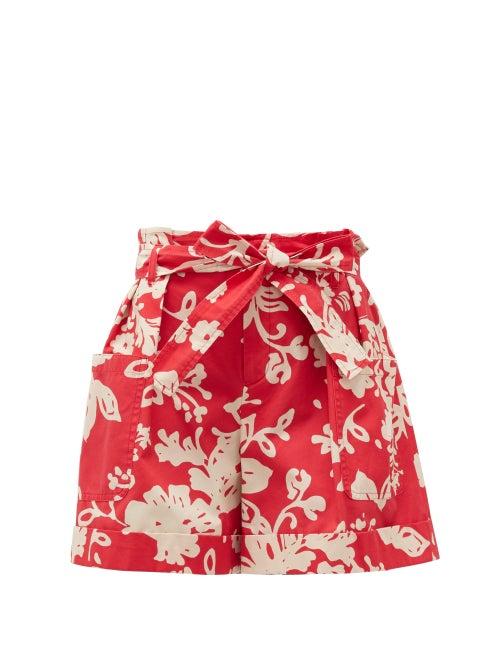 Matchesfashion.com Redvalentino - Belted Paperbag-waist Floral-print Cotton Shorts - Womens - Red