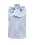 Matchesfashion.com Another Tomorrow - Pussy-bow Striped Cotton-poplin Top - Womens - Blue White