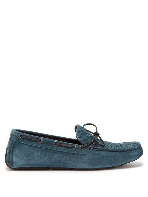Matchesfashion.com Bottega Veneta - Wave Intrecciato Suede Driving Loafers - Mens - Blue