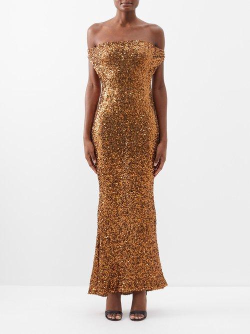 Vivienne Westwood - Liz Off-the-shoulder Sequinned-jersey Maxi Dress - Womens - Copper
