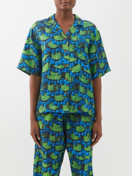 La Doublej - Cuban-collar Printed Silk-twill Shirt - Womens - Green Print