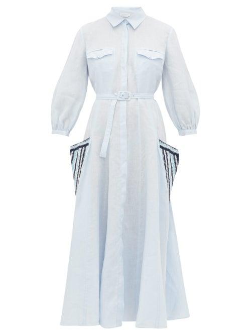 Matchesfashion.com Gabriela Hearst - Woodward Crochet Pocket Linen Shirtdress - Womens - Blue Multi