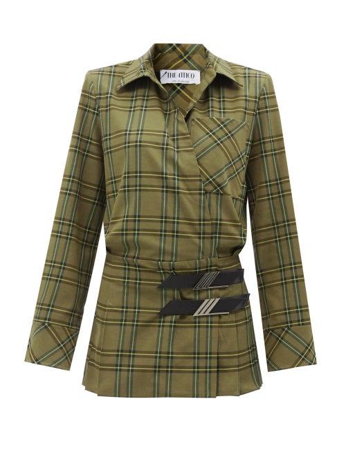 The Attico - Logo-plaque Tartan Shirt Dress - Womens - Khaki