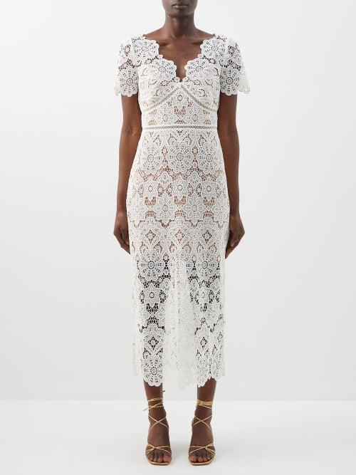 Self-portrait - Plunge-neck Guipure-lace Midi Dress - Womens - Ivory