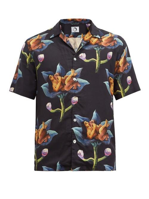 Matchesfashion.com Endless Joy - Figures & Flower-print Cuban-collar Twill Shirt - Mens - Black