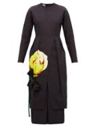 Matchesfashion.com Prada - Floral Appliqu Pleated Cotton Midi Dress - Womens - Black Yellow