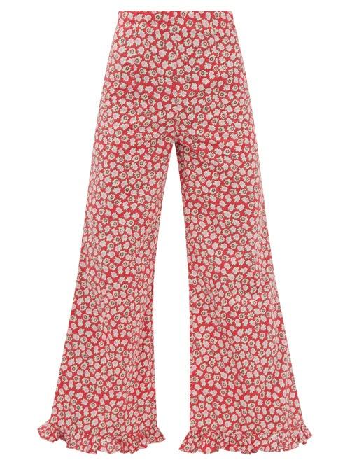 Batsheva - Floral-print Ruffled Flared Cotton Trousers - Womens - Red Multi
