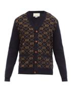 Matchesfashion.com Gucci - Gg Logo-jacquard V-neck Wool Cardigan - Mens - Navy