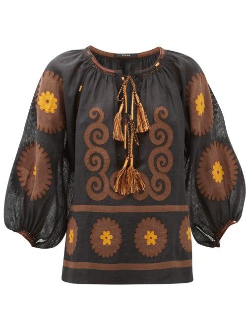 Matchesfashion.com Vita Kin - Siam Floral-appliqu Linen Blouse - Womens - Brown Multi