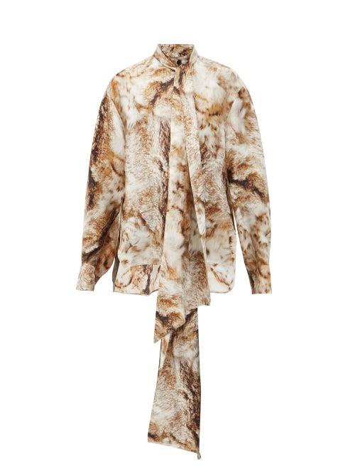 Matchesfashion.com Petar Petrov - Clancy Fox Fur-print Pussy-bow Silk-twill Blouse - Womens - Gold