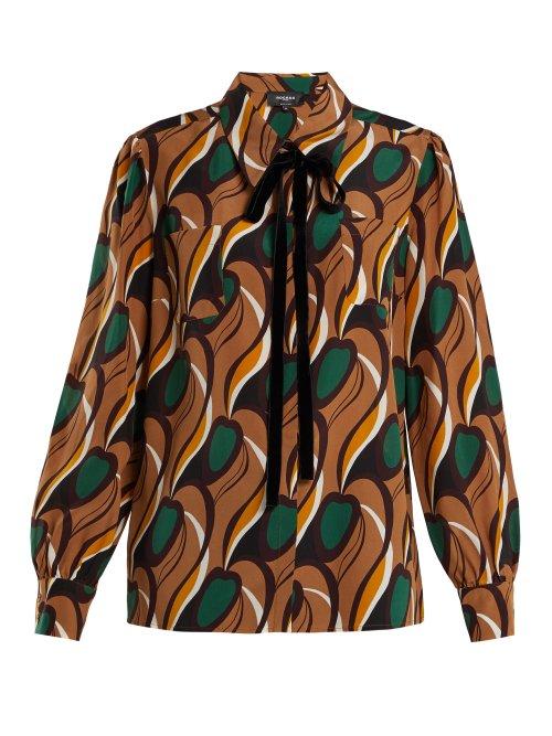 Matchesfashion.com Rochas - Tie Neck Silk Crepe Blouse - Womens - Brown Multi