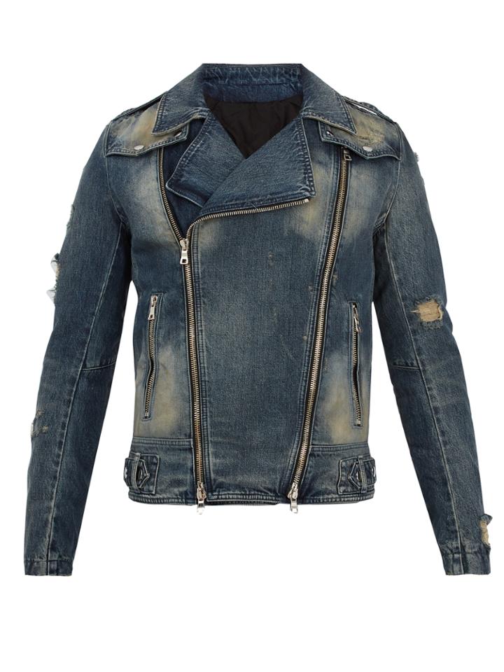 Balmain Distressed Denim Biker Jacket