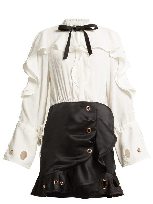 Matchesfashion.com Self-portrait - Long Sleeve Eyelet Shirtdress - Womens - White Black