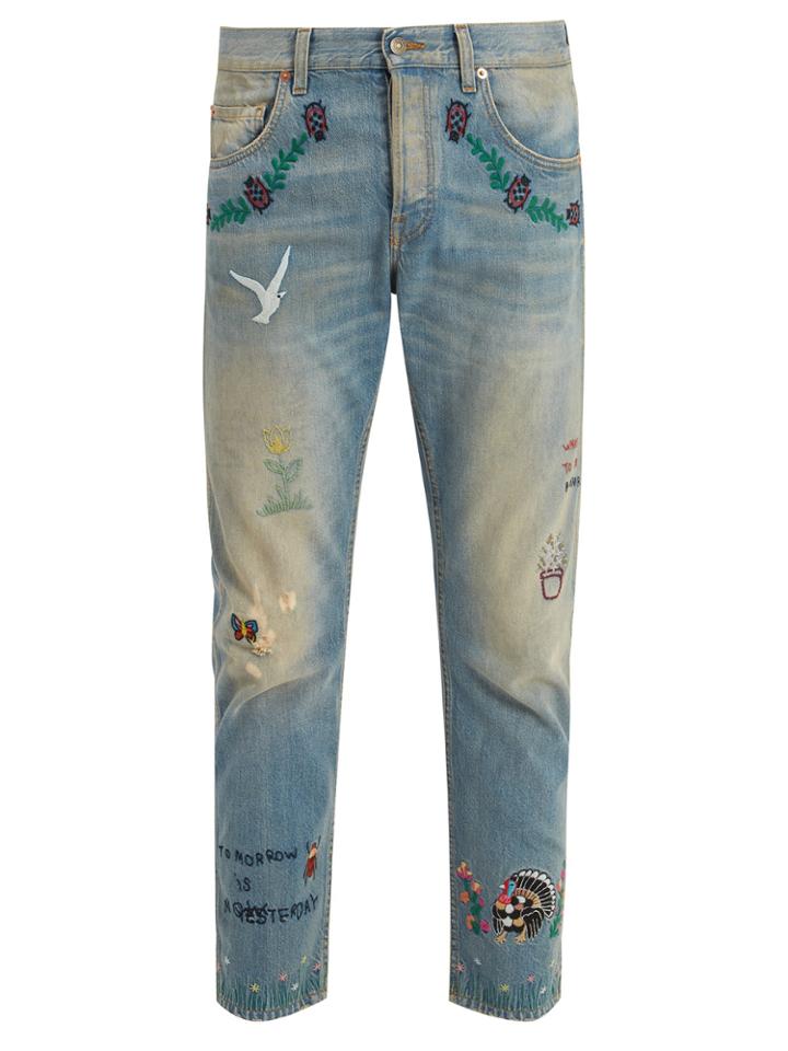 Gucci Mid-rise Embroidered Tapered-leg Jeans