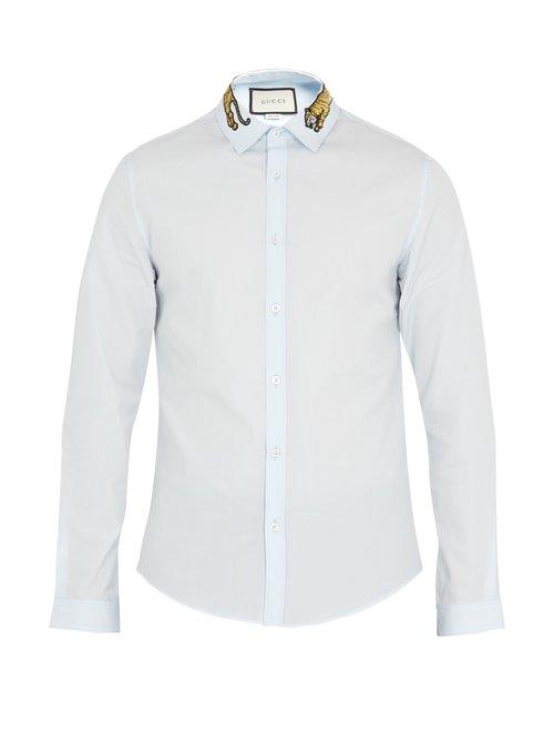 Matchesfashion.com Gucci - Duke Tiger Appliqu Point Collar Cotton Shirt - Mens - Light Blue