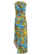 Matchesfashion.com Raey - Cowl Neck Asymmetric Uv Floral Print Silk Dress - Womens - Blue Print