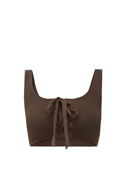 Matchesfashion.com Ganni - Lace-up Ribbed Bikini Top - Womens - Dark Brown