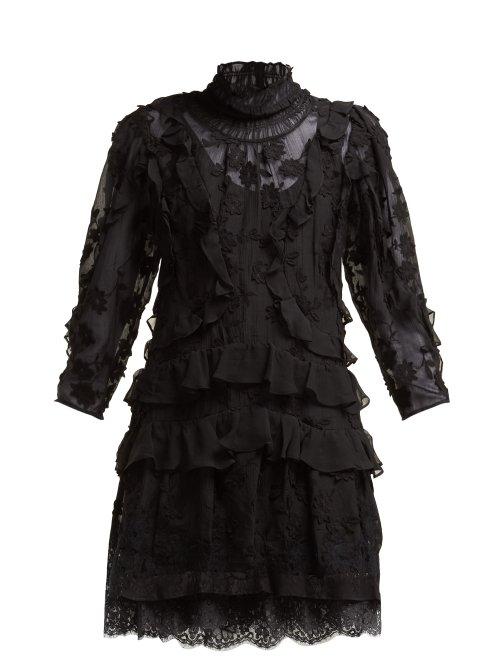 Matchesfashion.com Rebecca Taylor - Tiered Floral Lace Cotton Blend Mini Dress - Womens - Black
