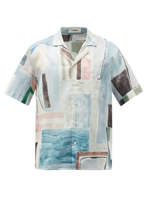 Matchesfashion.com Commas - Cuban-collar Piscine-print Silk-blend Shirt - Mens - Blue Multi