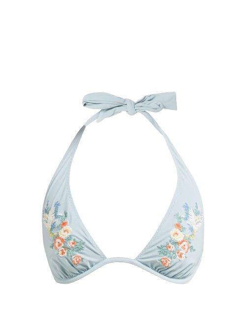 Matchesfashion.com Stella Mccartney - Floral Embroidered Halterneck Bikini Top - Womens - Light Blue