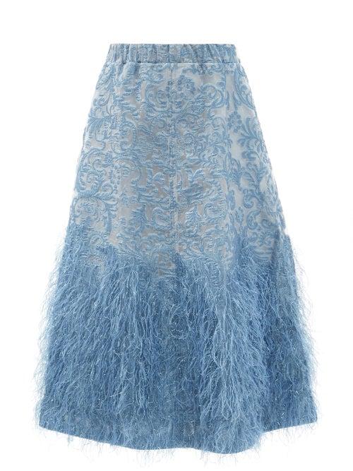 Ladies Rtw Ganni - Feather-trimmed Brocade A-line Skirt - Womens - Mid Blue