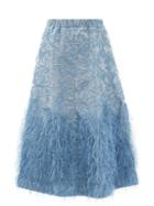 Ladies Rtw Ganni - Feather-trimmed Brocade A-line Skirt - Womens - Mid Blue