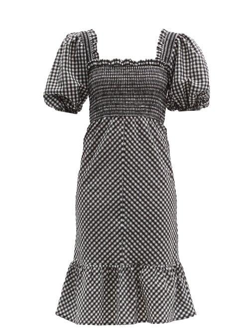 Ganni - Shirred Gingham-seersucker Midi Dress - Womens - Black