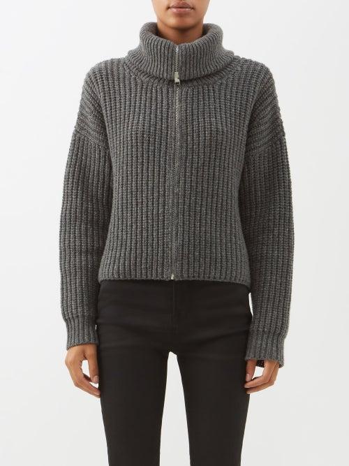Frame - Ribbed-knit Merino-wool Roll-neck Zip Cardigan - Womens - Dark Grey
