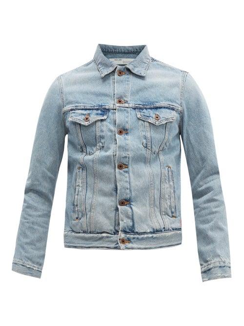 Matchesfashion.com Off-white - Graffiti Logo Distressed Denim Jacket - Mens - Light Blue