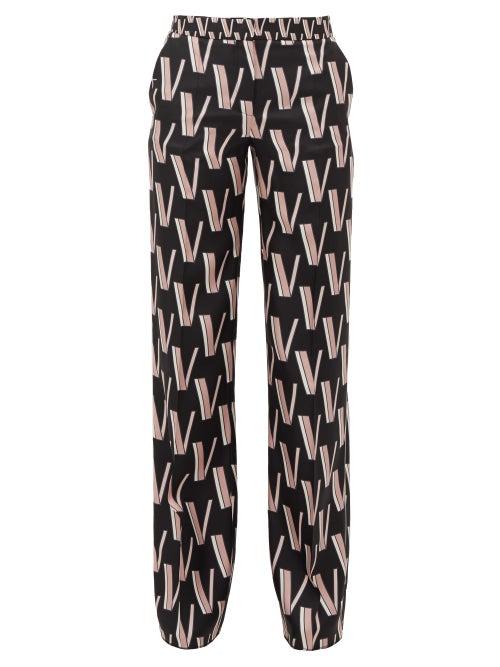 Matchesfashion.com Valentino - High-rise V-print Silk-satin Trousers - Womens - Black