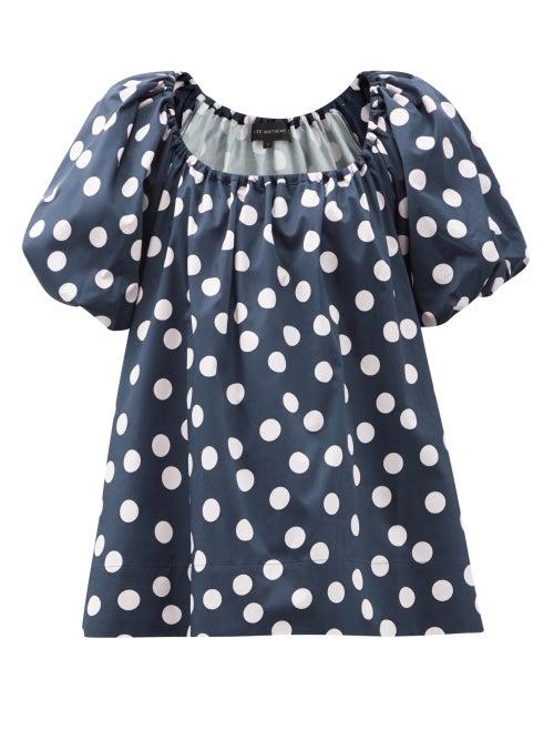 Matchesfashion.com Lee Mathews - Bea Puff-sleeve Polka-dot Cotton Top - Womens - Navy Print
