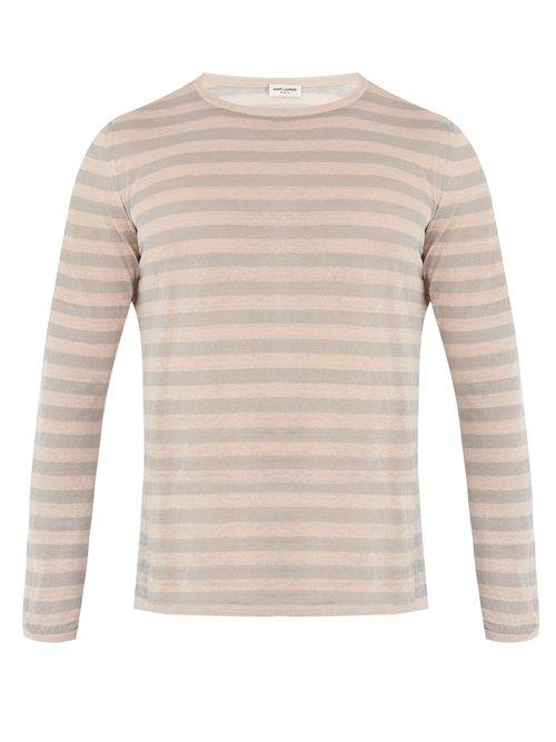 Matchesfashion.com Saint Laurent - Crew Neck Striped Linen And Silk Blend Sweater - Mens - Grey Multi