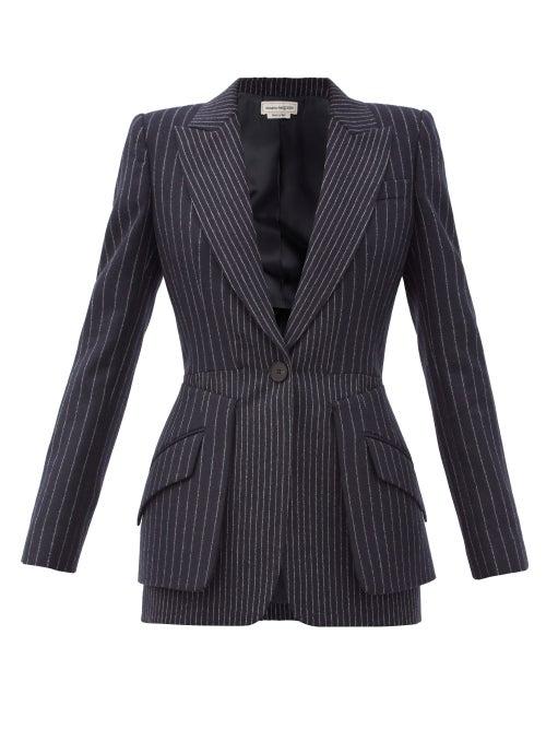 Matchesfashion.com Alexander Mcqueen - Peplum Pinstriped Wool Jacket - Womens - Navy