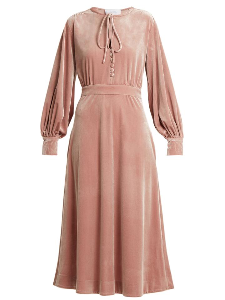 Luisa Beccaria Tie-neck Balloon-sleeve Velvet Midi Dress