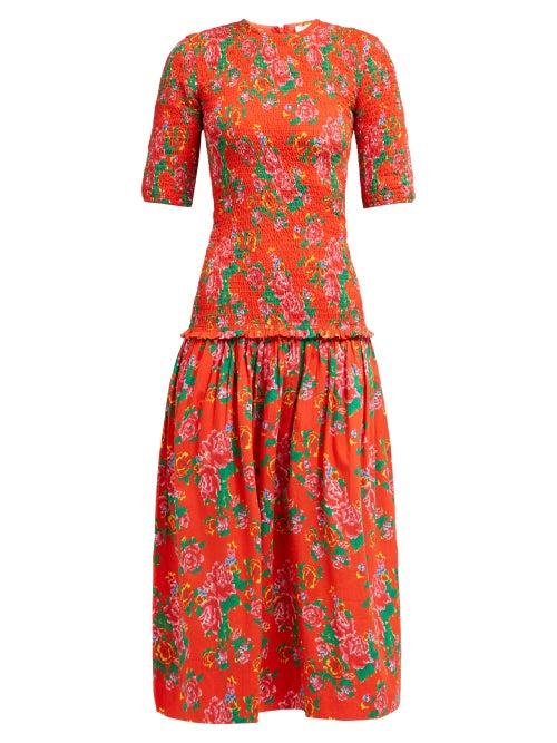 Matchesfashion.com Rhode - Zola Shirred Floral Print Poplin Dress - Womens - Red Print