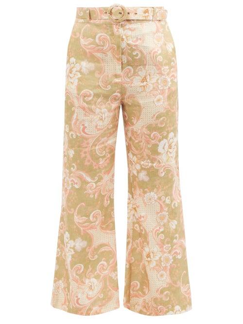 Zimmermann - Postcard Floral-print Linen Flared-leg Trousers - Womens - Green Print