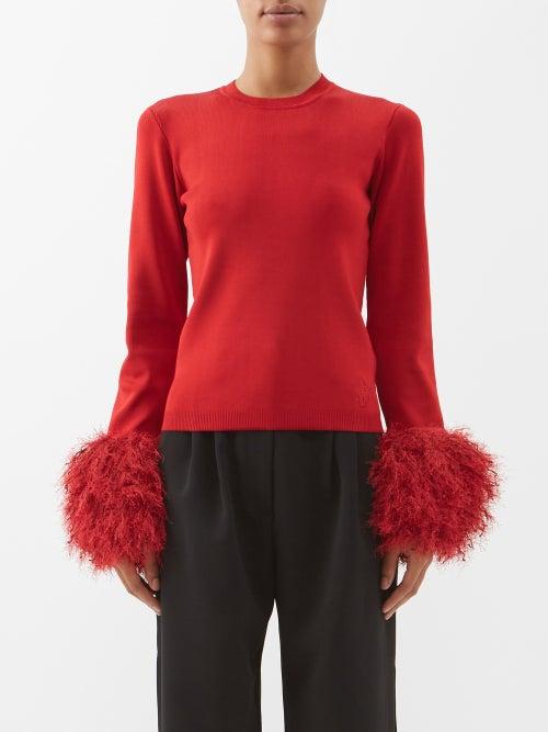 Jw Anderson - Pom Pom-cuff Jersey Sweater - Womens - Dark Red